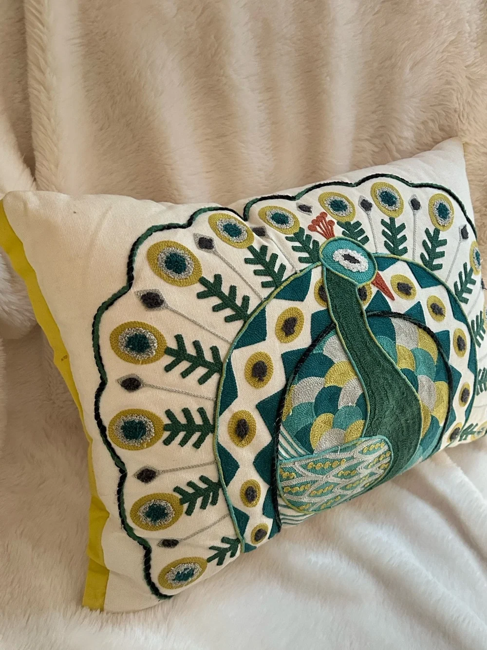 NWT Pier 1 Embroidered Peacock Throw Pillow Boho Decor Teal Green Yellow Accent